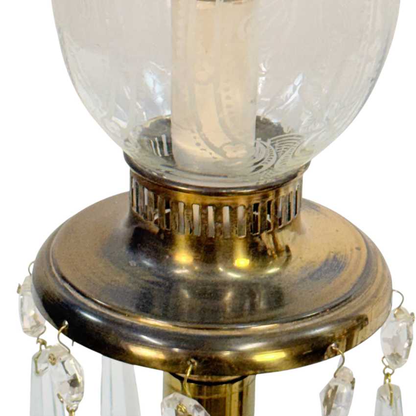 Pair Vintage Brass Crystal Boudoir Lamps with Etched Frosted Glass Chimneys