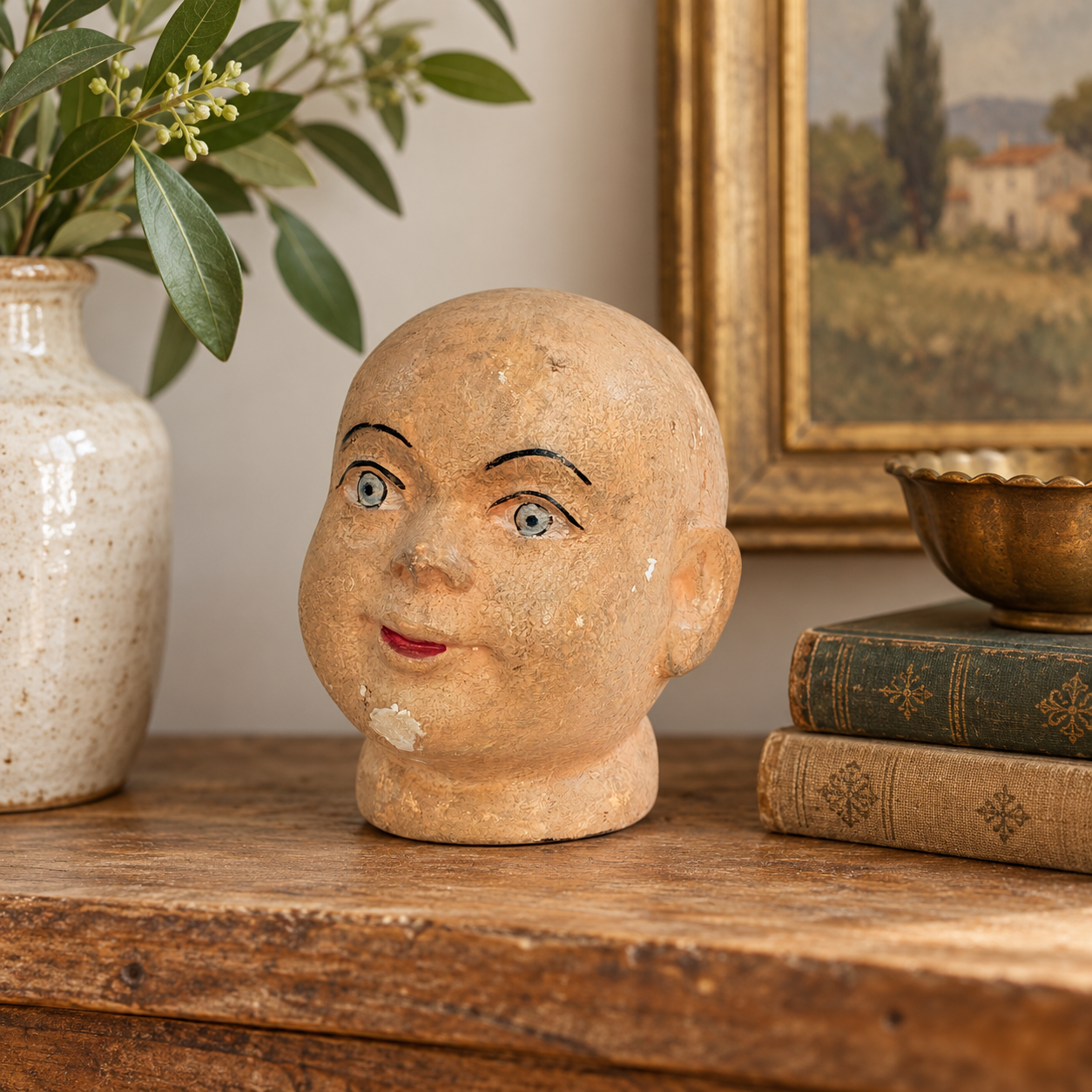 Vintage Papier Mâché Mannequin Head – Hand Painted Folk Art Display Head – Antique Style Hat Wig Form – Chippy Primitive Decor