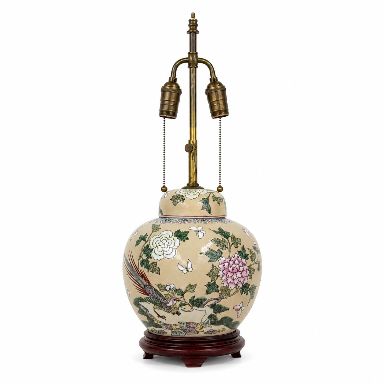 Vintage Ginger Jar Table Lamp with Pheasants Lamp | Flowers | Asian Style Floral Lamp | Dual Socket Adjustable Height Lamp