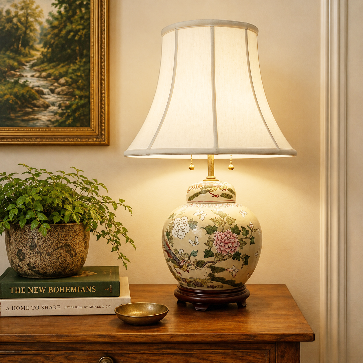 Vintage Ginger Jar Table Lamp with Pheasants Lamp | Flowers | Asian Style Floral Lamp | Dual Socket Adjustable Height Lamp