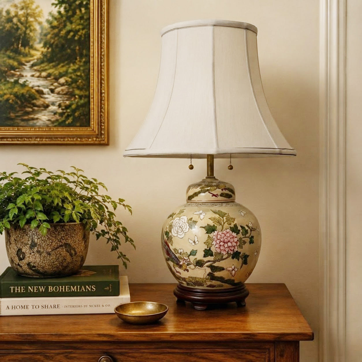 Vintage Ginger Jar Table Lamp with Pheasants Lamp | Flowers | Asian Style Floral Lamp | Dual Socket Adjustable Height Lamp