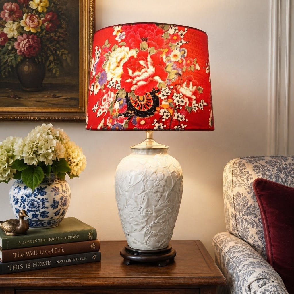 Vintage Phoenix Glass Sculptured Artware Vase Lamp | White Floral Glass Table Lamp | 1936–1958 Vintage Lighting