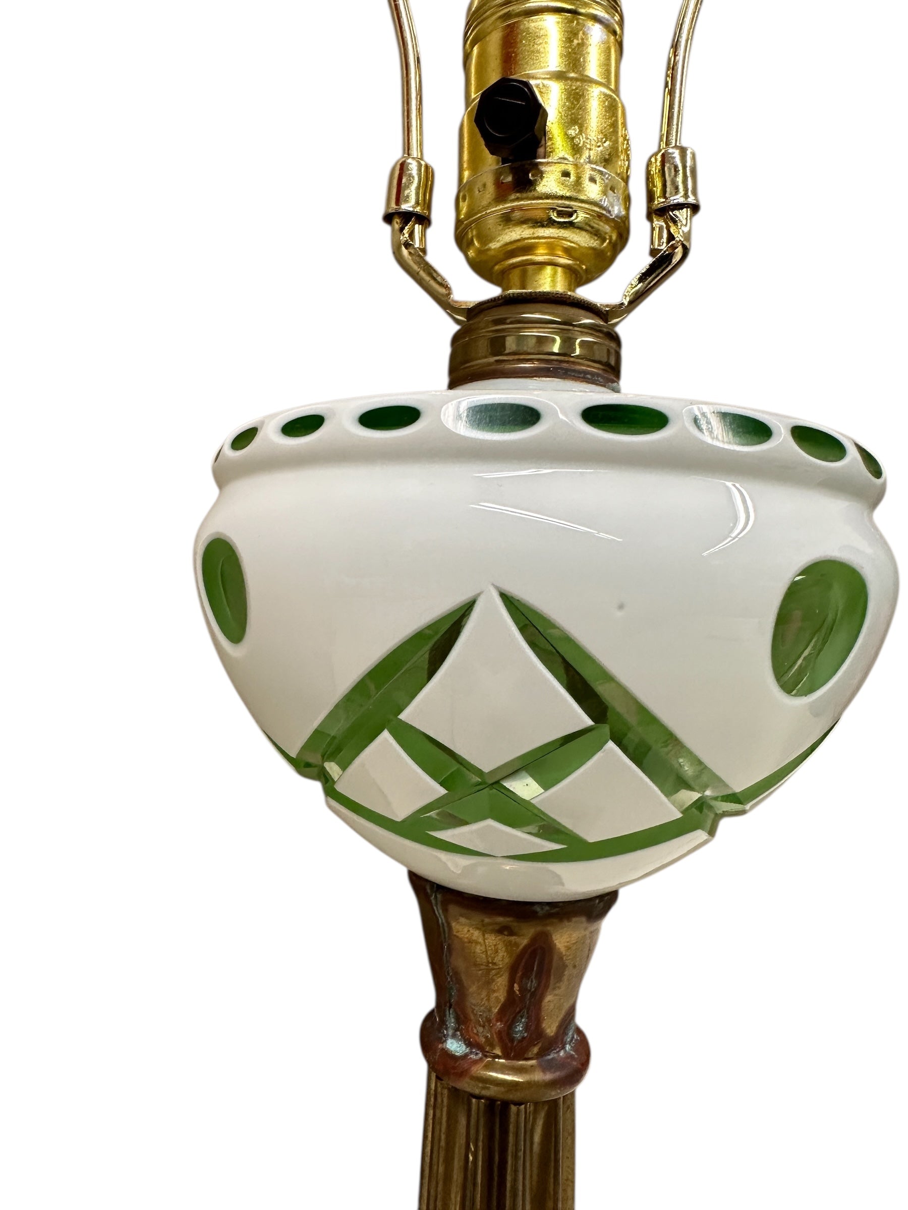 Emerald Green and White Bohemian Czech Cut Glass Lamp