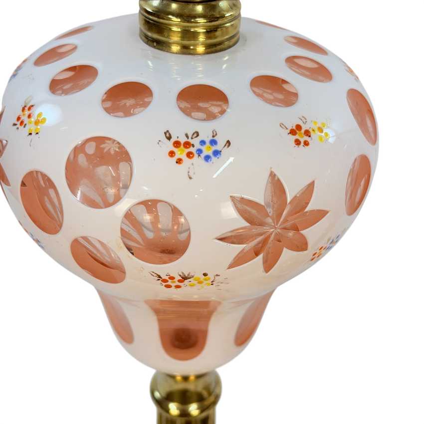 Pair Vintage Pink Bohemian Glass Table Lamps | White Overlay Glass with Hand Painted Flowers | Marble Base Lamps