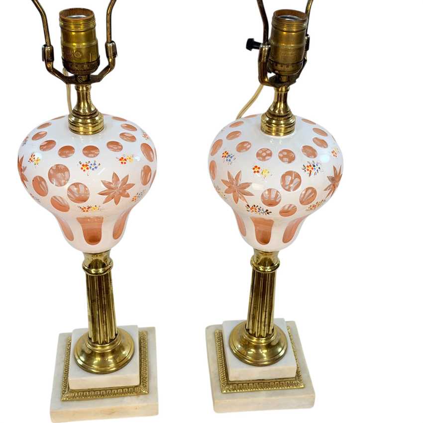 Pair Vintage Pink Bohemian Glass Table Lamps | White Overlay Glass with Hand Painted Flowers | Marble Base Lamps