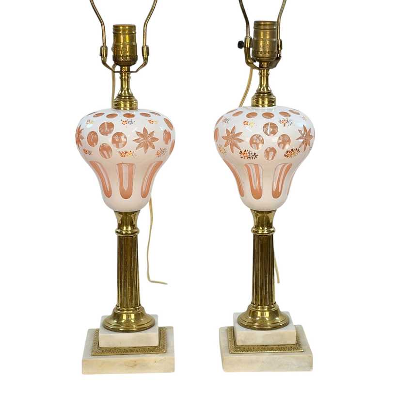 Pair Vintage Pink Bohemian Glass Table Lamps | White Overlay Glass with Hand Painted Flowers | Marble Base Lamps