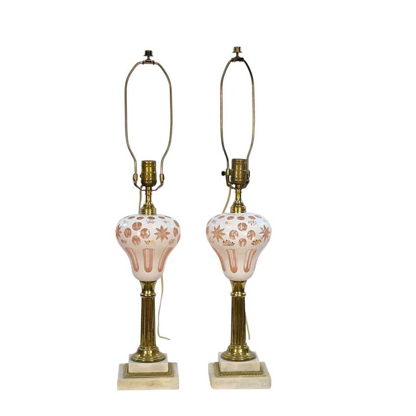 Pair Vintage Pink Bohemian Glass Table Lamps | White Overlay Glass with Hand Painted Flowers | Marble Base Lamps