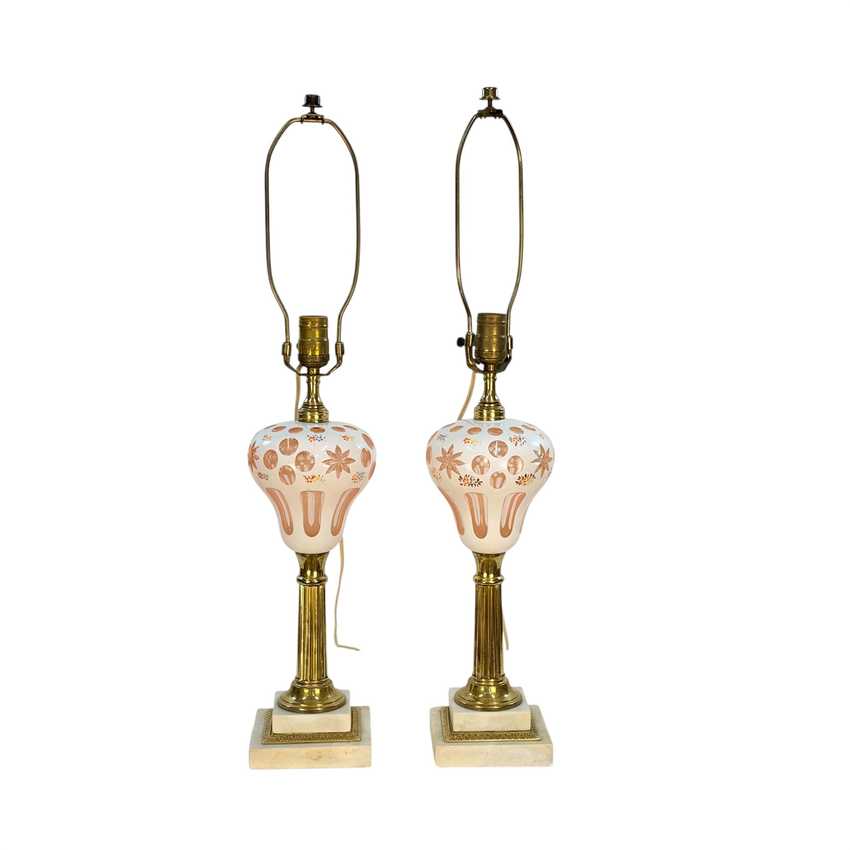 Pair Vintage Pink Bohemian Glass Table Lamps | White Overlay Glass with Hand Painted Flowers | Marble Base Lamps