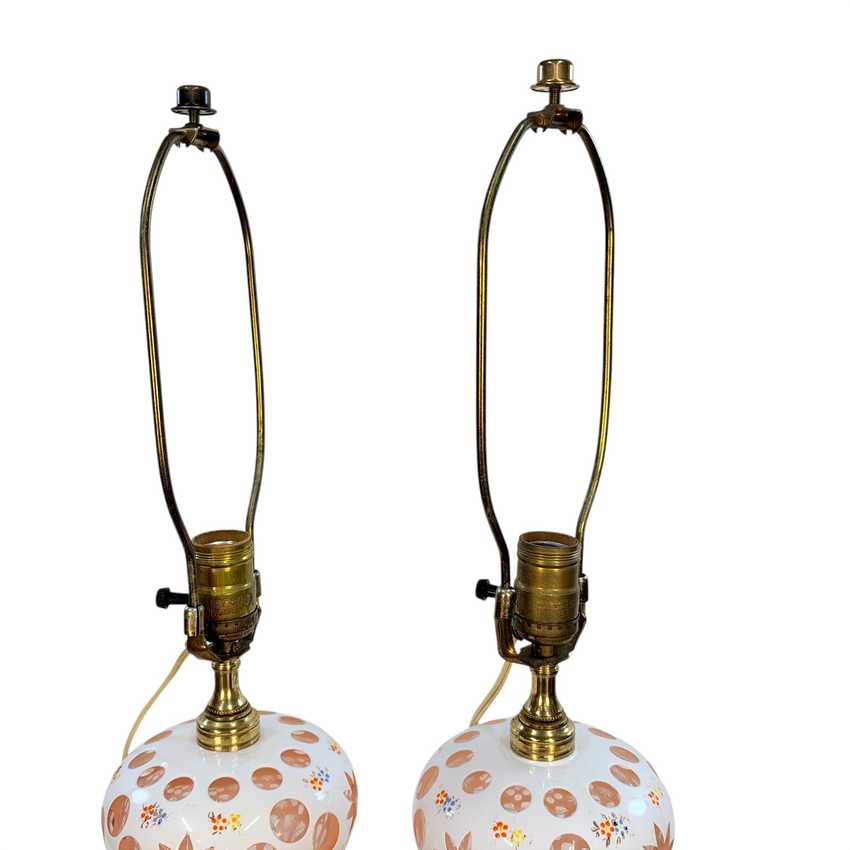Pair Vintage Pink Bohemian Glass Table Lamps | White Overlay Glass with Hand Painted Flowers | Marble Base Lamps