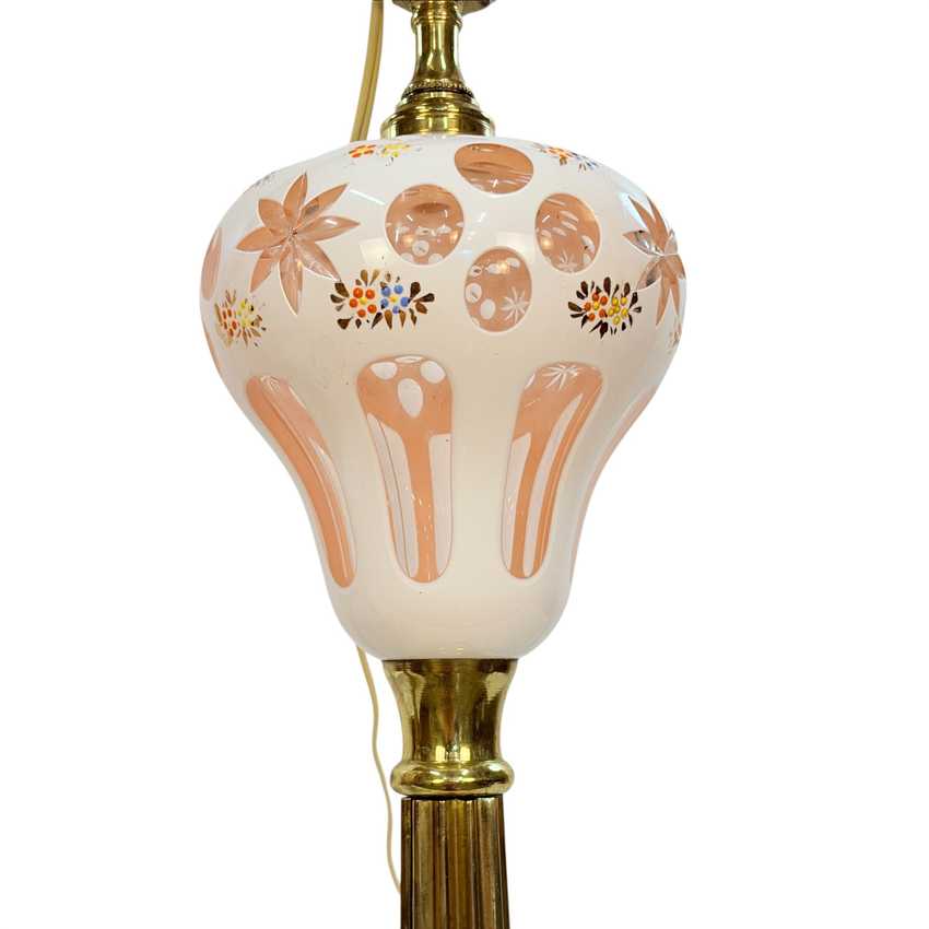 Pair Vintage Pink Bohemian Glass Table Lamps | White Overlay Glass with Hand Painted Flowers | Marble Base Lamps