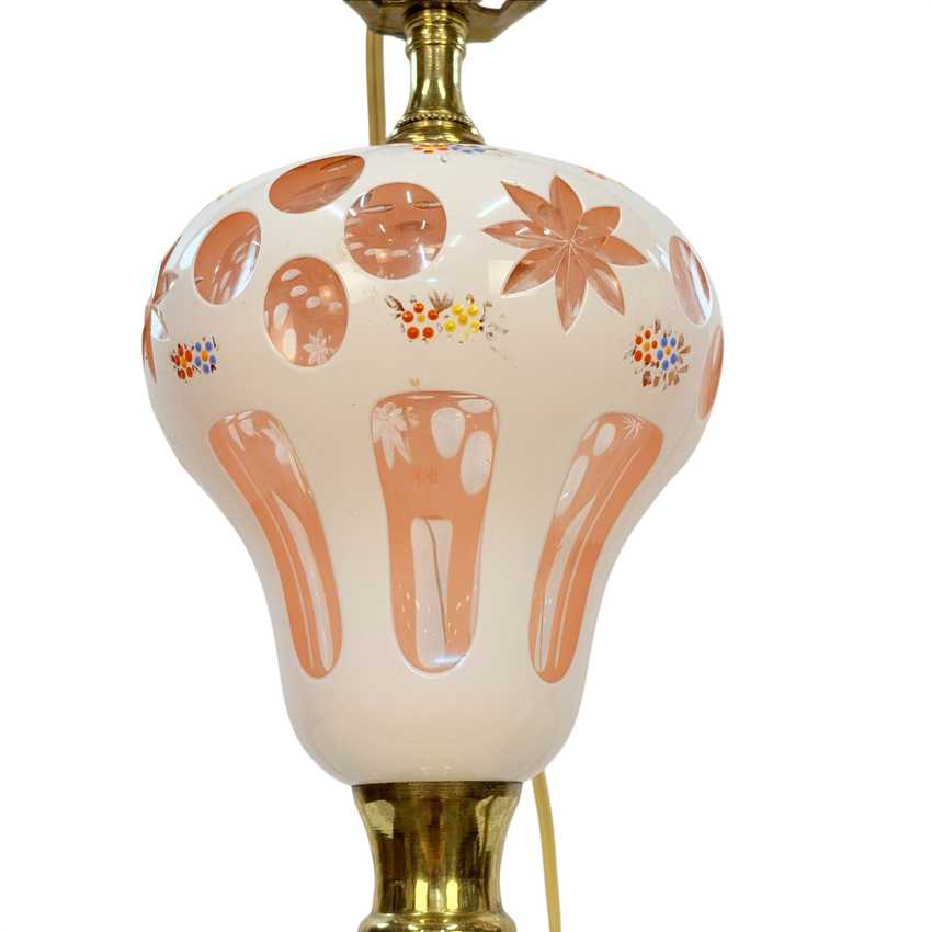Pair Vintage Pink Bohemian Glass Table Lamps | White Overlay Glass with Hand Painted Flowers | Marble Base Lamps