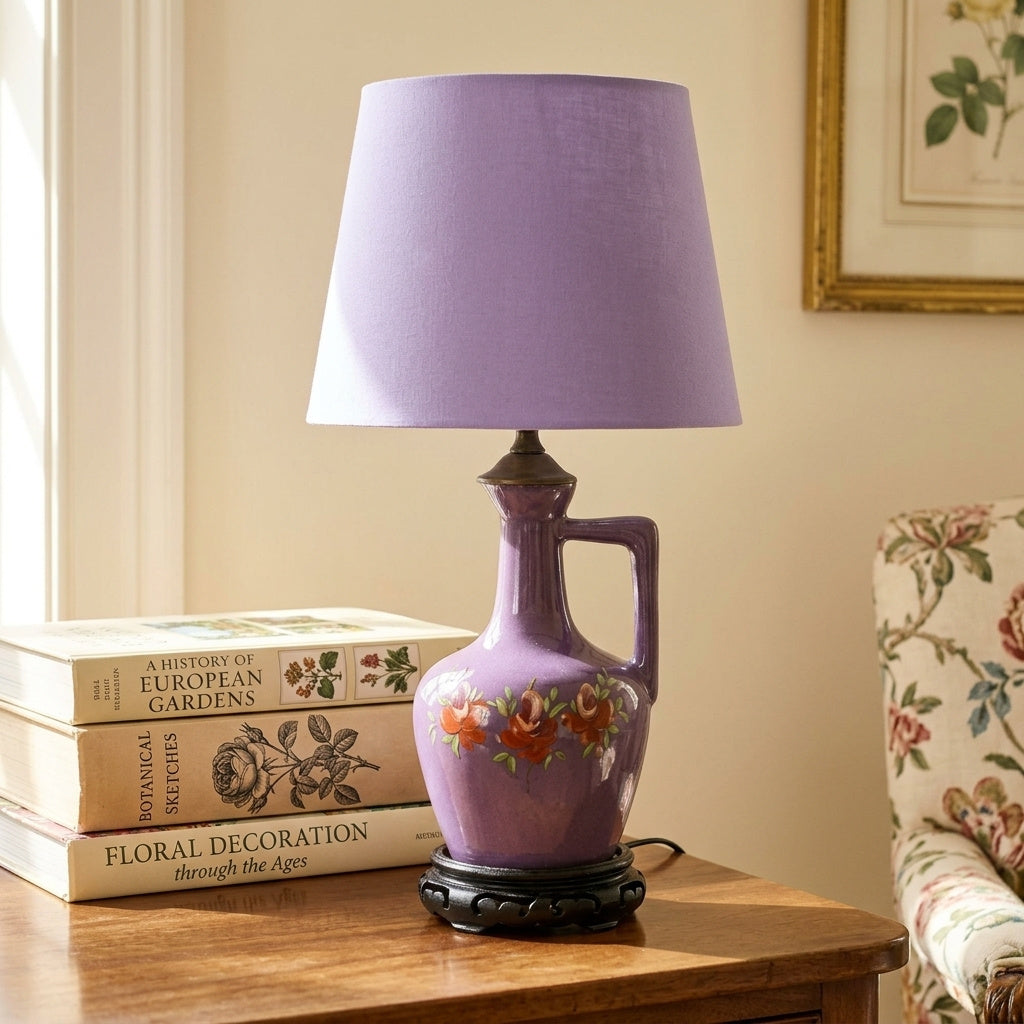 Vintage Purple Ceramic Jug Table Lamp with Hand-Painted Flowers