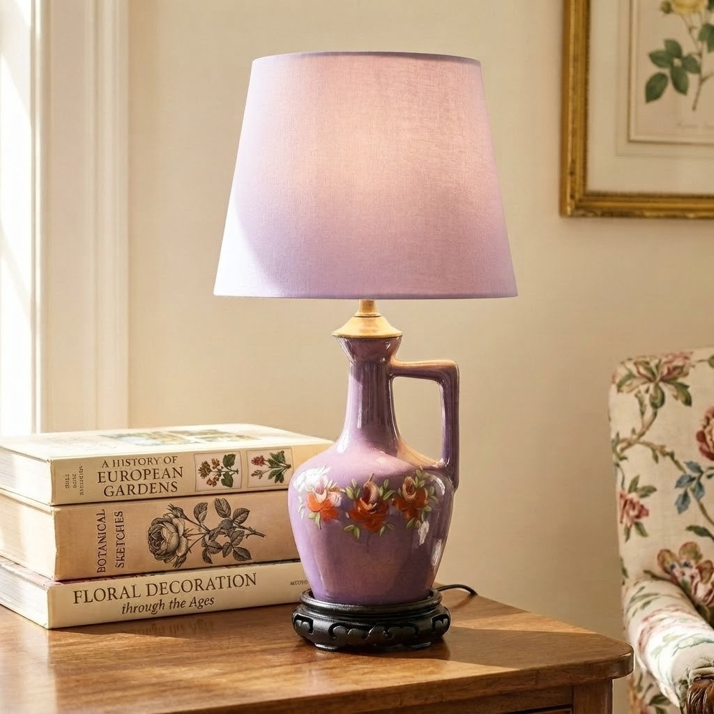 Vintage Purple Ceramic Jug Table Lamp with Hand-Painted Flowers