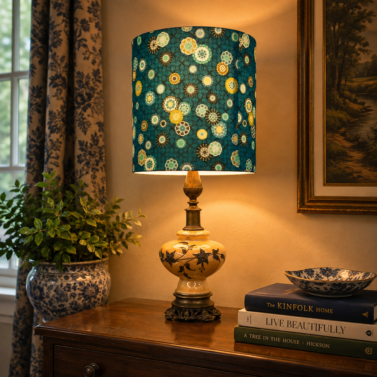 A decorative table lamp with a teal drum shade covered in a yellow, cream, and white floral pattern, set on a wooden table next to a potted plant and books in a warmly lit room.