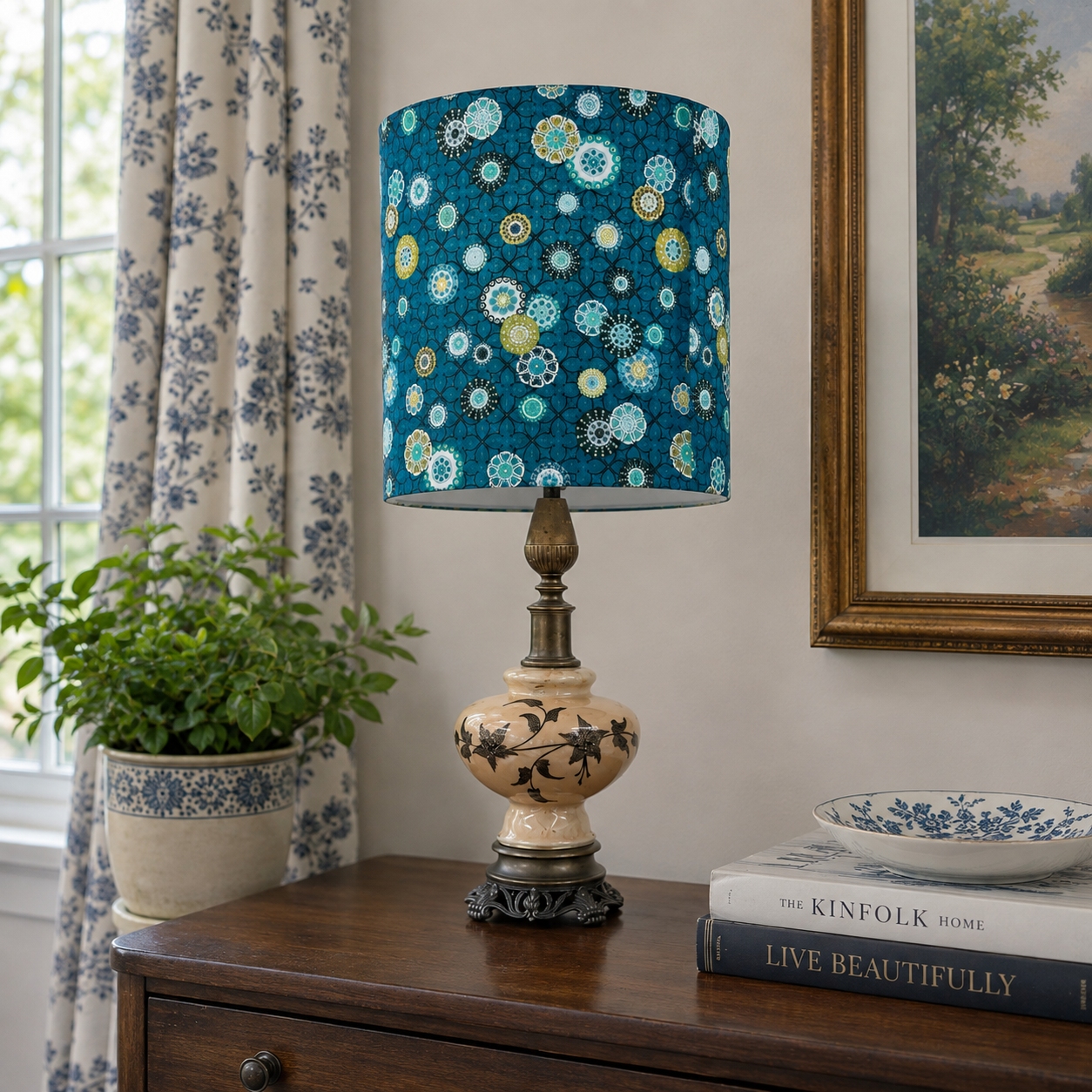 A table lamp with a teal drum shade covered in a colorful floral and medallion pattern, set on a dark wood side table in a styled room next to a potted plant and framed wall art.