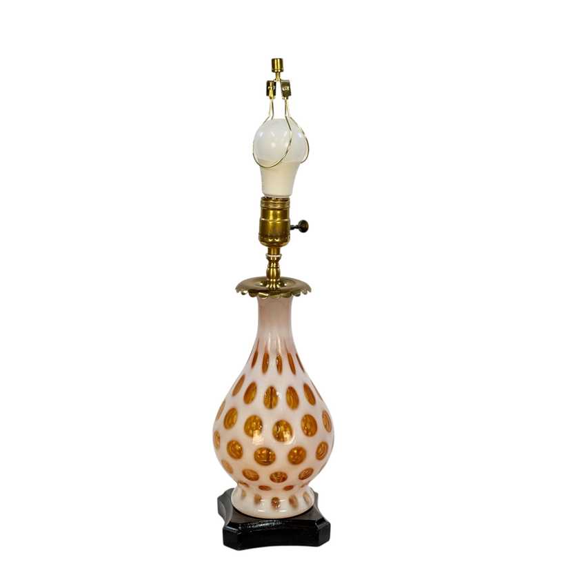 Vintage Fenton Coin Dot Glass Table Lamp | White Opalescent Glass with Amber Red Dots | Mid Century Accent Lighting