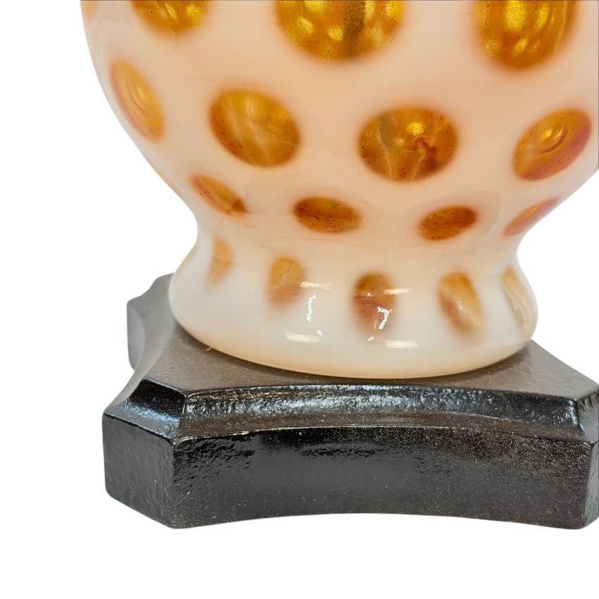 Vintage Fenton Coin Dot Glass Table Lamp | White Opalescent Glass with Amber Red Dots | Mid Century Accent Lighting