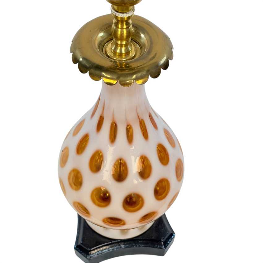 Vintage Fenton Coin Dot Glass Table Lamp | White Opalescent Glass with Amber Red Dots | Mid Century Accent Lighting