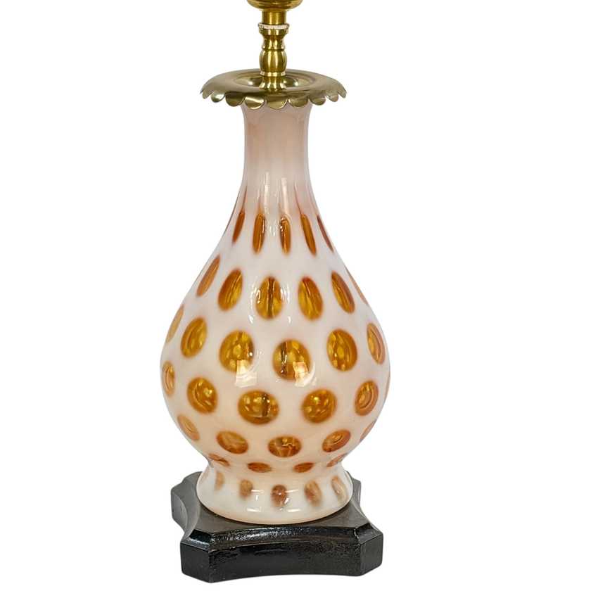 Vintage Fenton Coin Dot Glass Table Lamp | White Opalescent Glass with Amber Red Dots | Mid Century Accent Lighting
