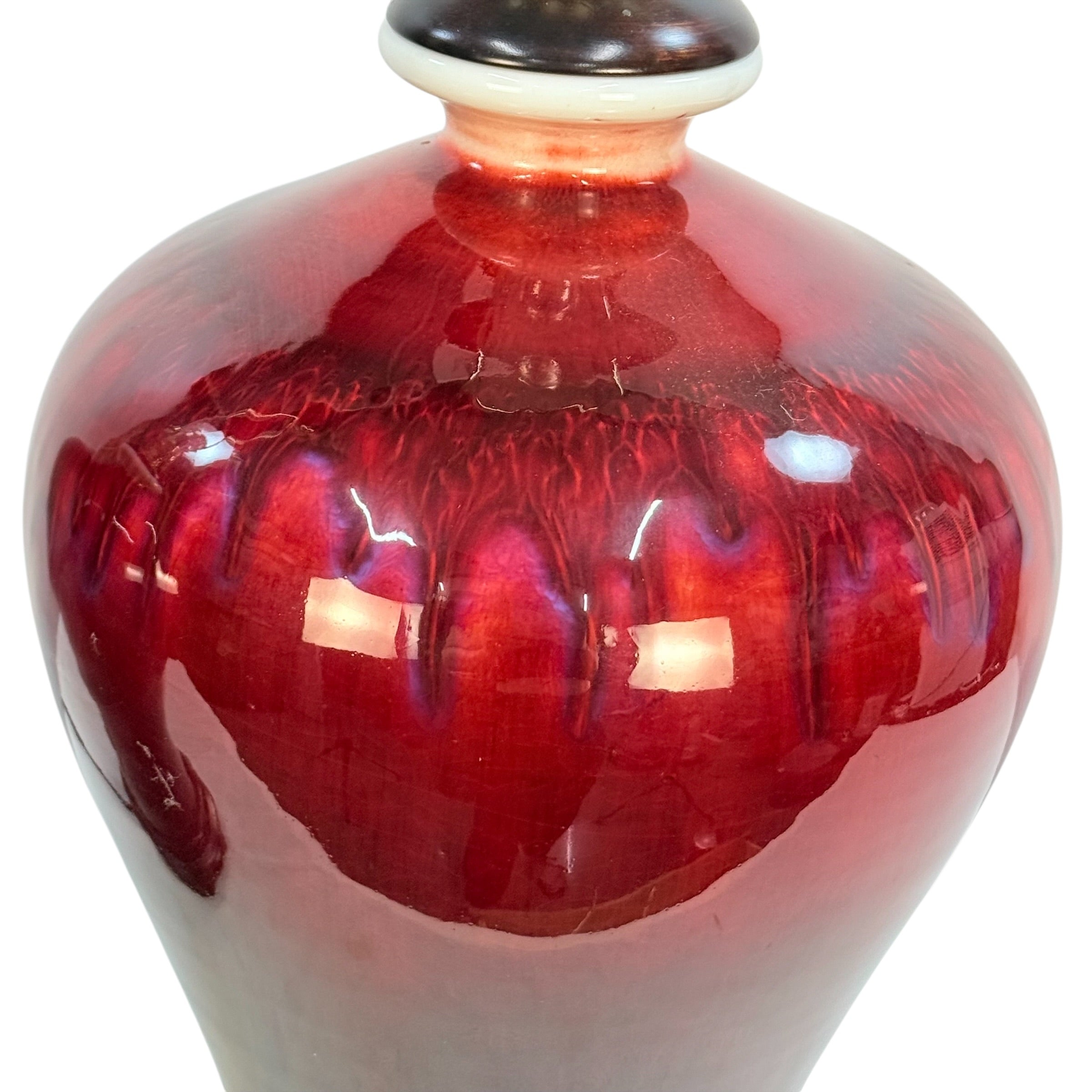 Pair Red Drip Glaze Ceramic Table Lamps Burgundy Oxblood Style 3-Way