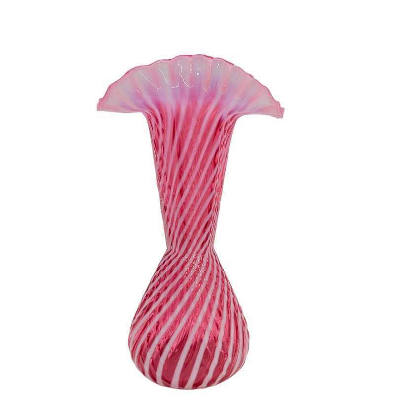Vintage Fenton Cranberry Opalescent Spiral Optic Ruffled Trumpet Vase, 11.75 Inch
