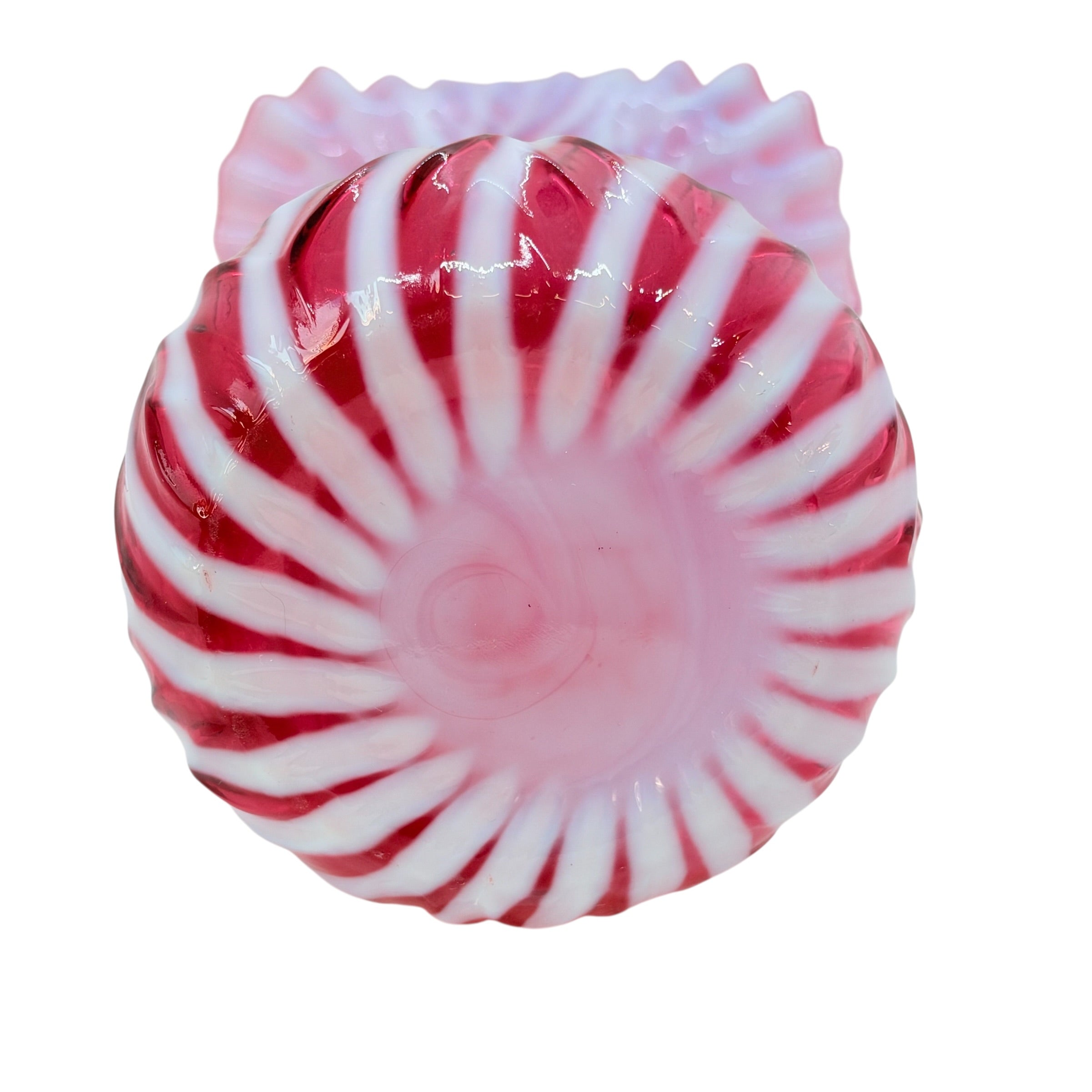 Vintage Fenton Cranberry Opalescent Spiral Optic Ruffled Trumpet Vase, 11 7/8" Inch