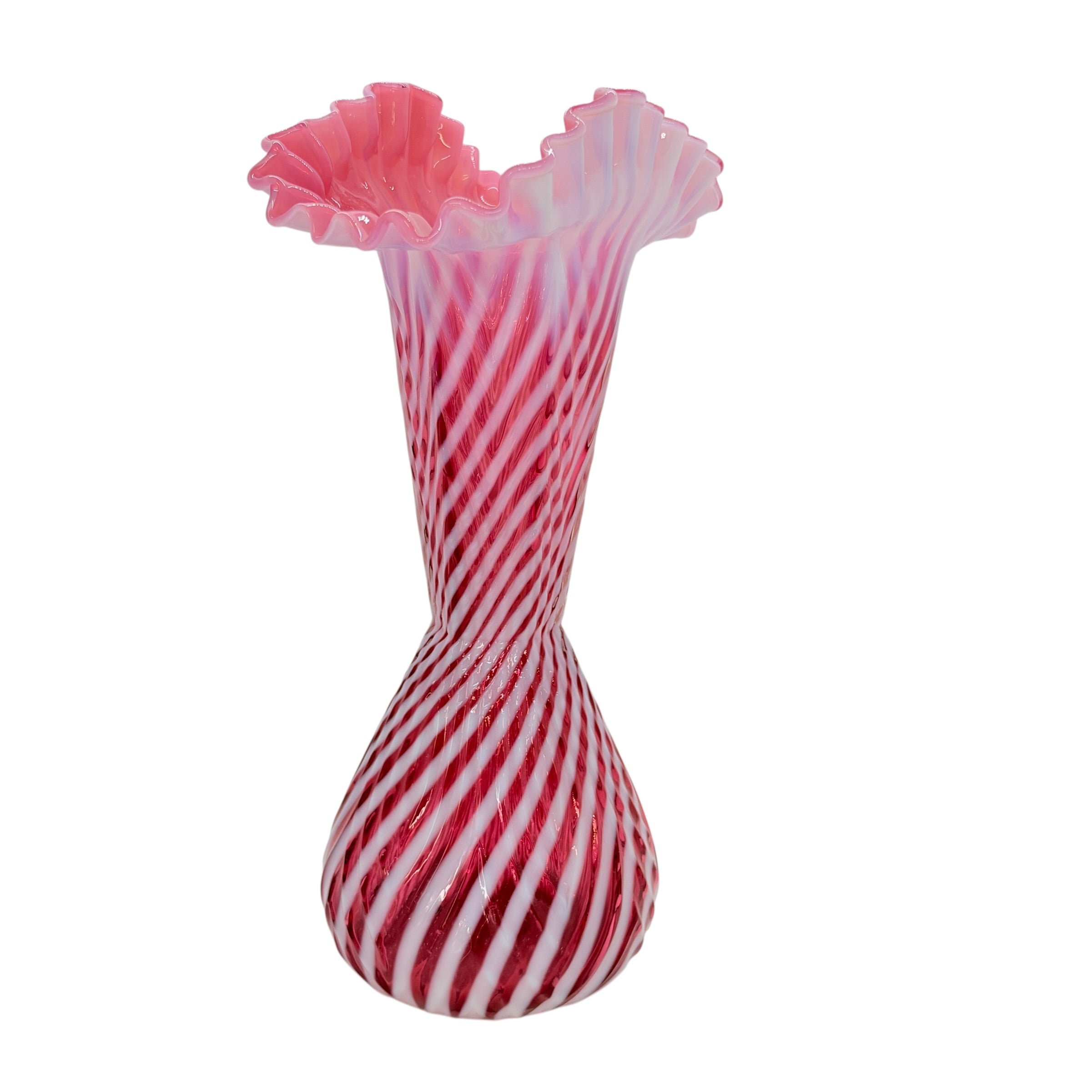 Vintage Fenton Cranberry Opalescent Spiral Optic Ruffled Trumpet Vase, 11 7/8" Inch