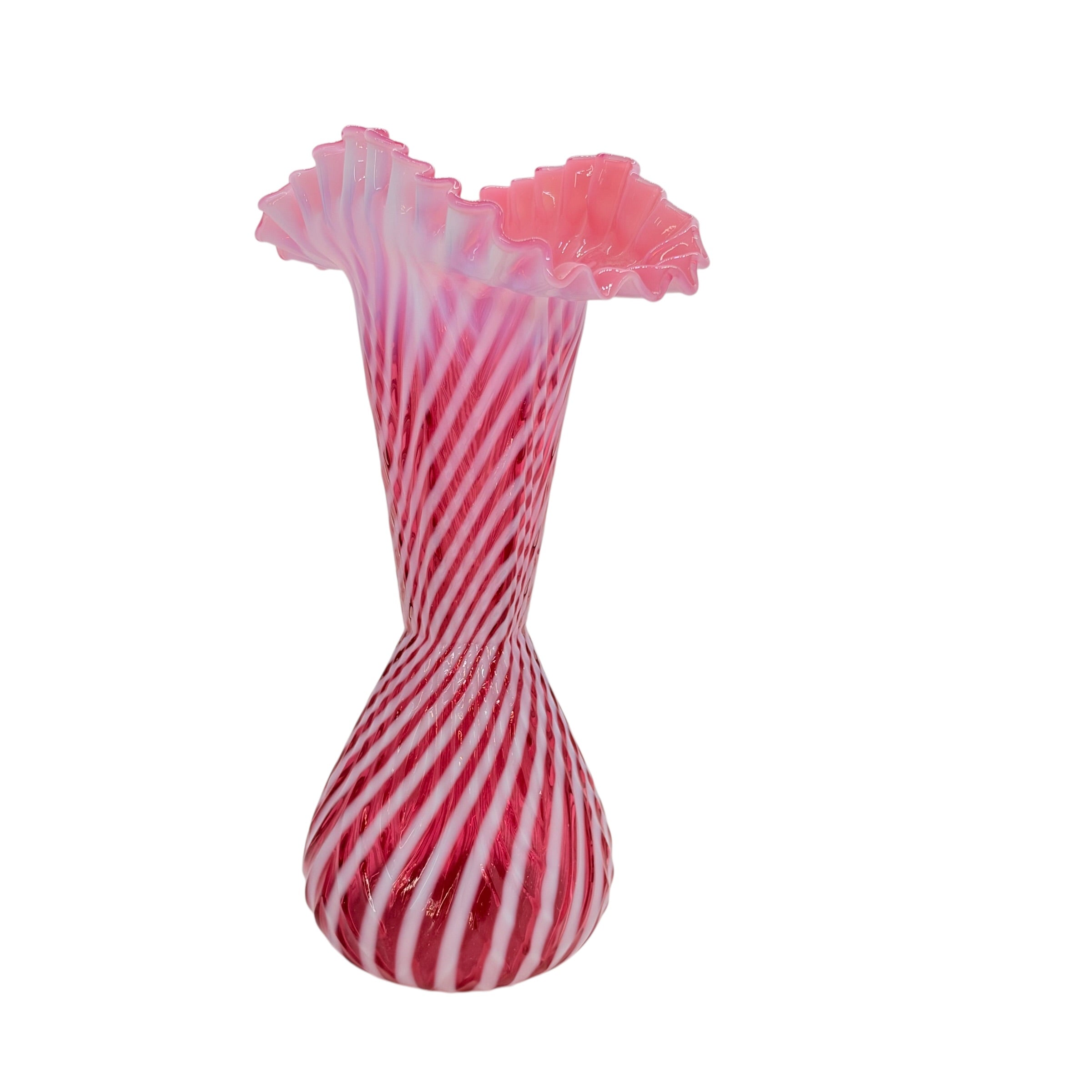 Vintage Fenton Cranberry Opalescent Spiral Optic Ruffled Trumpet Vase, 11 7/8" Inch