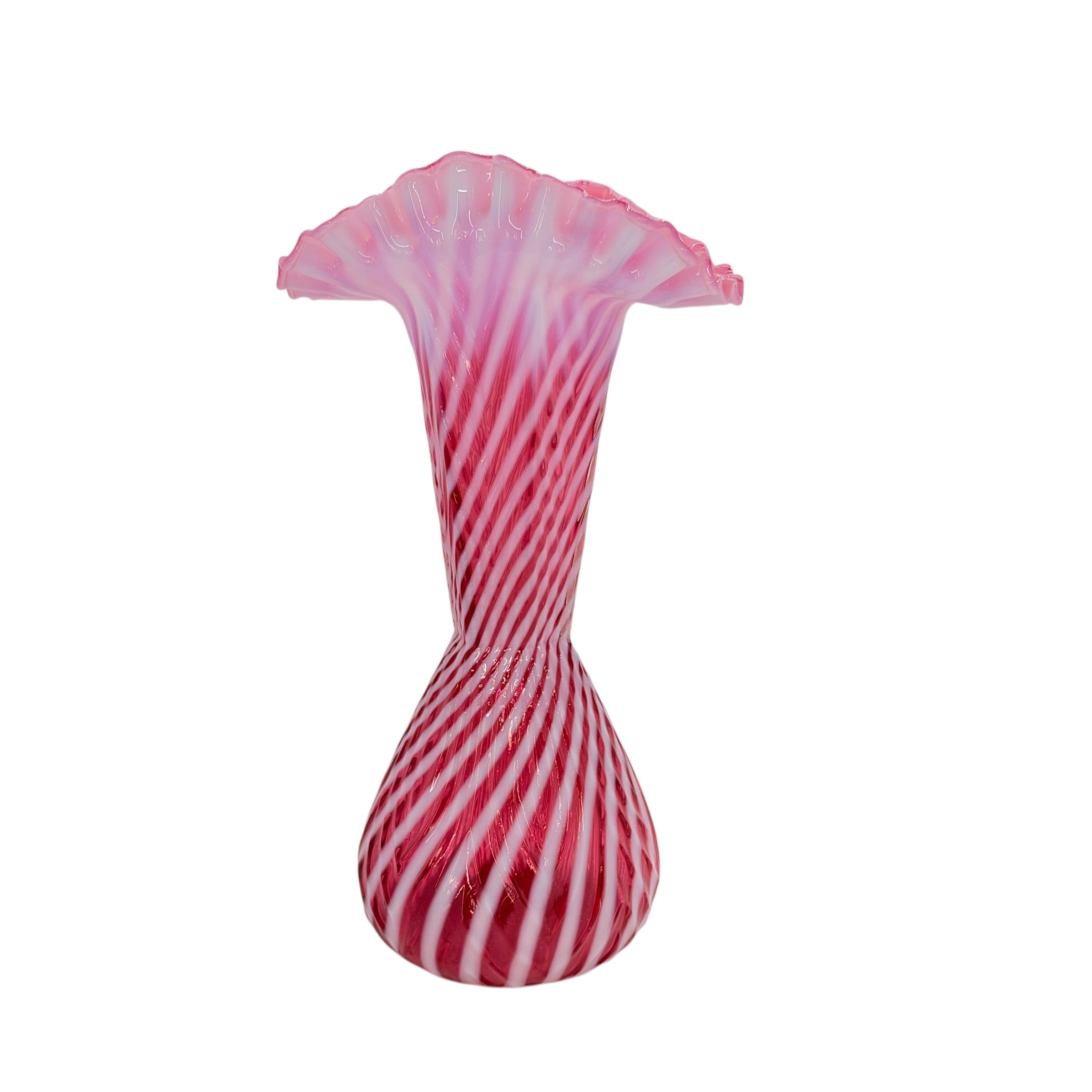 Vintage Fenton Cranberry Opalescent Spiral Optic Ruffled Trumpet Vase, 11 7/8" Inch