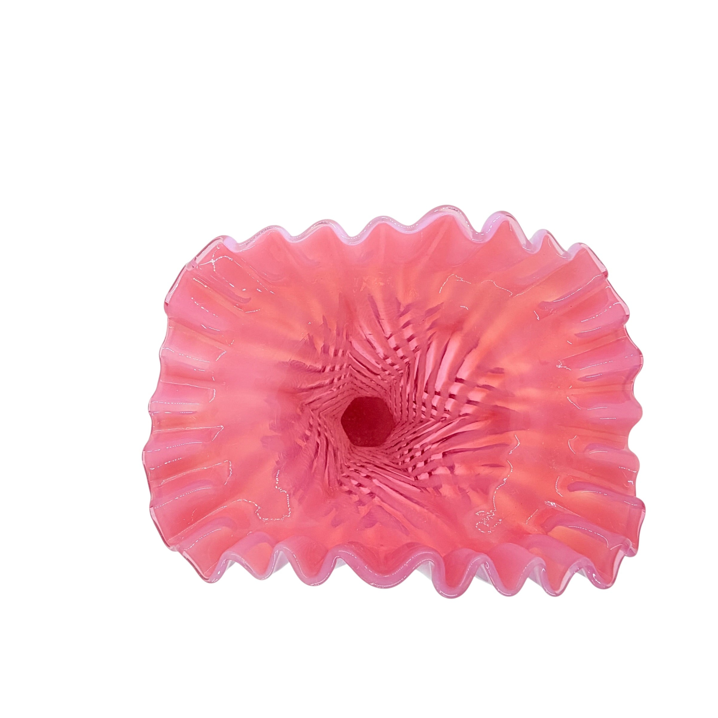 Vintage Fenton Cranberry Opalescent Spiral Optic Ruffled Trumpet Vase, 11 7/8" Inch