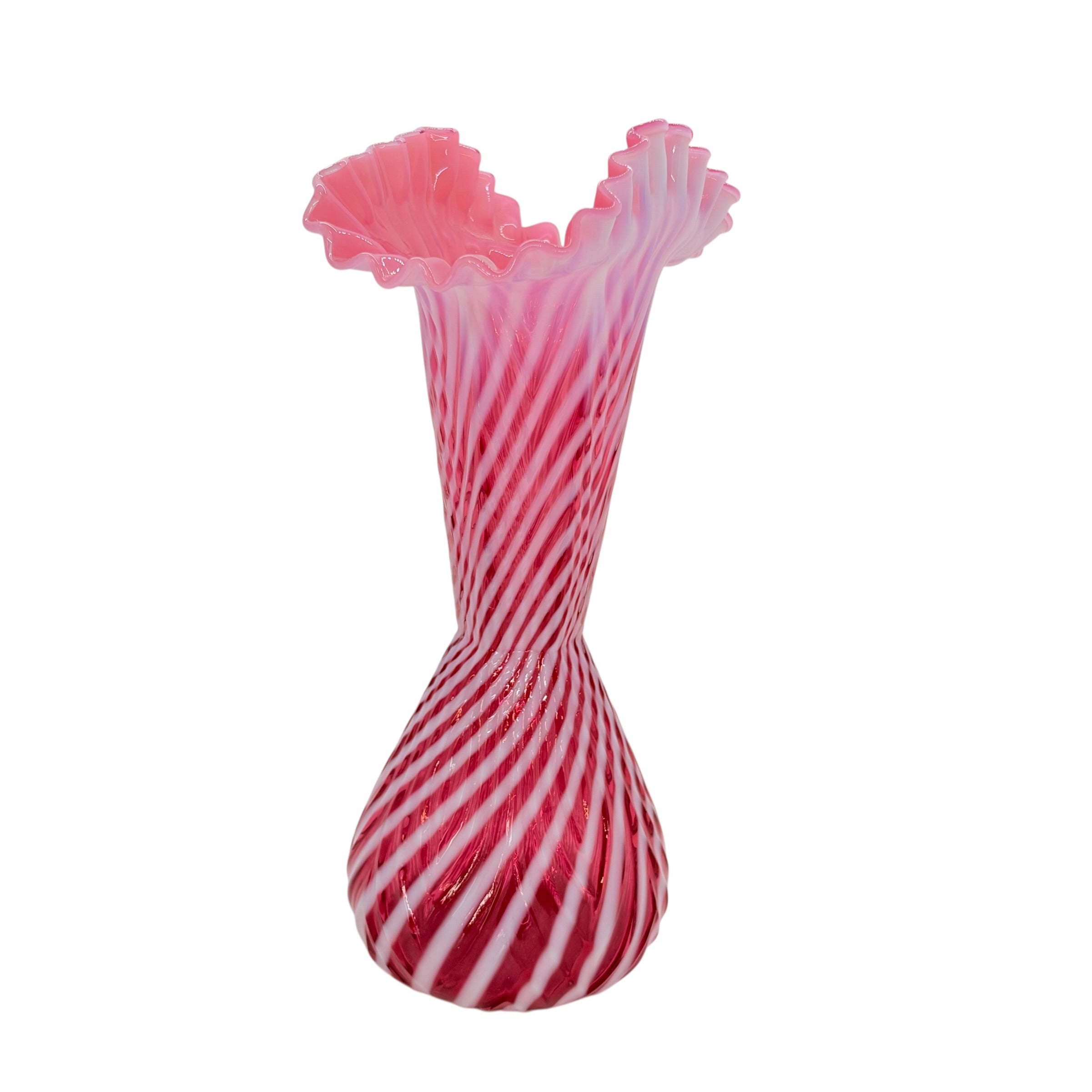 Vintage Fenton Cranberry Opalescent Spiral Optic Ruffled Trumpet Vase, 11 7/8" Inch