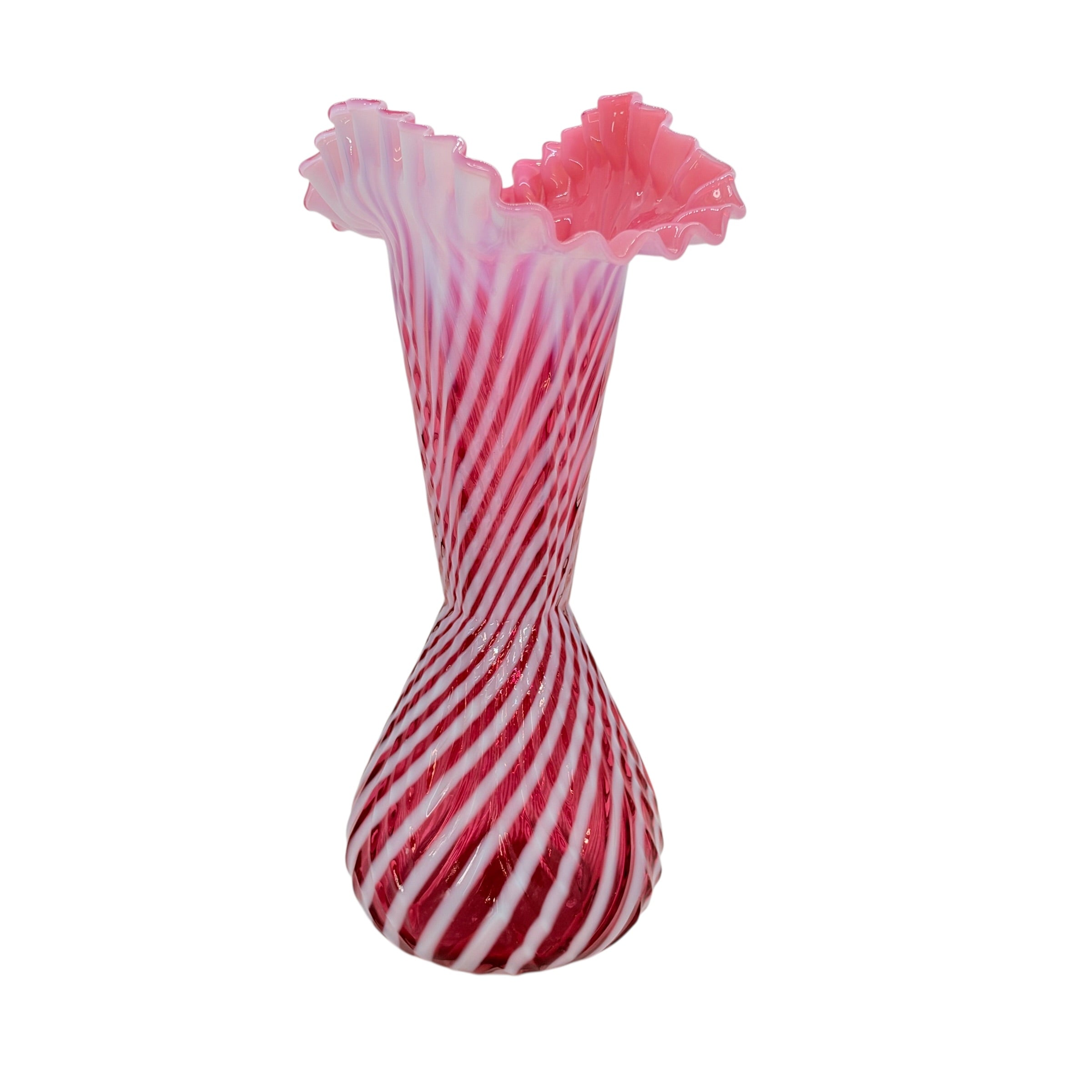 Vintage Fenton Cranberry Opalescent Spiral Optic Ruffled Trumpet Vase, 11 7/8" Inch