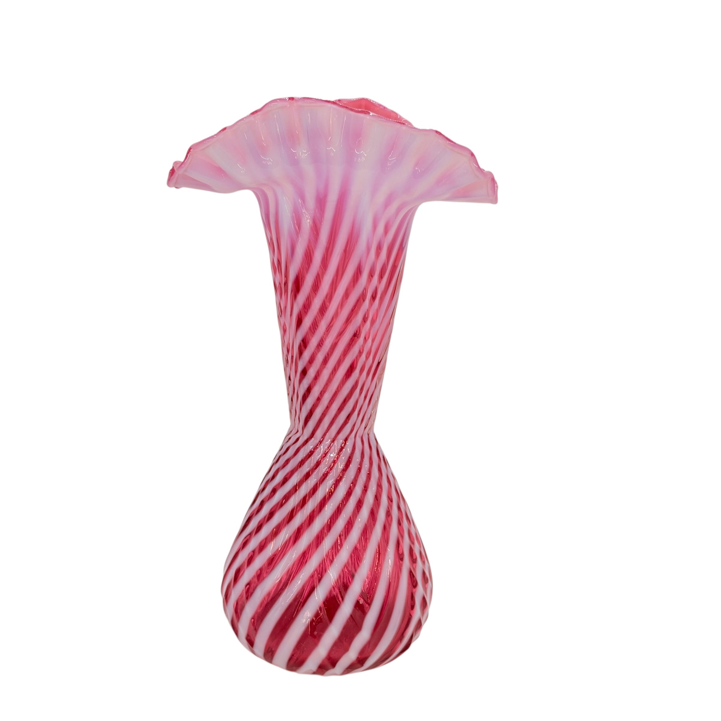 Vintage Fenton Cranberry Opalescent Spiral Optic Ruffled Trumpet Vase, 11 7/8" Inch