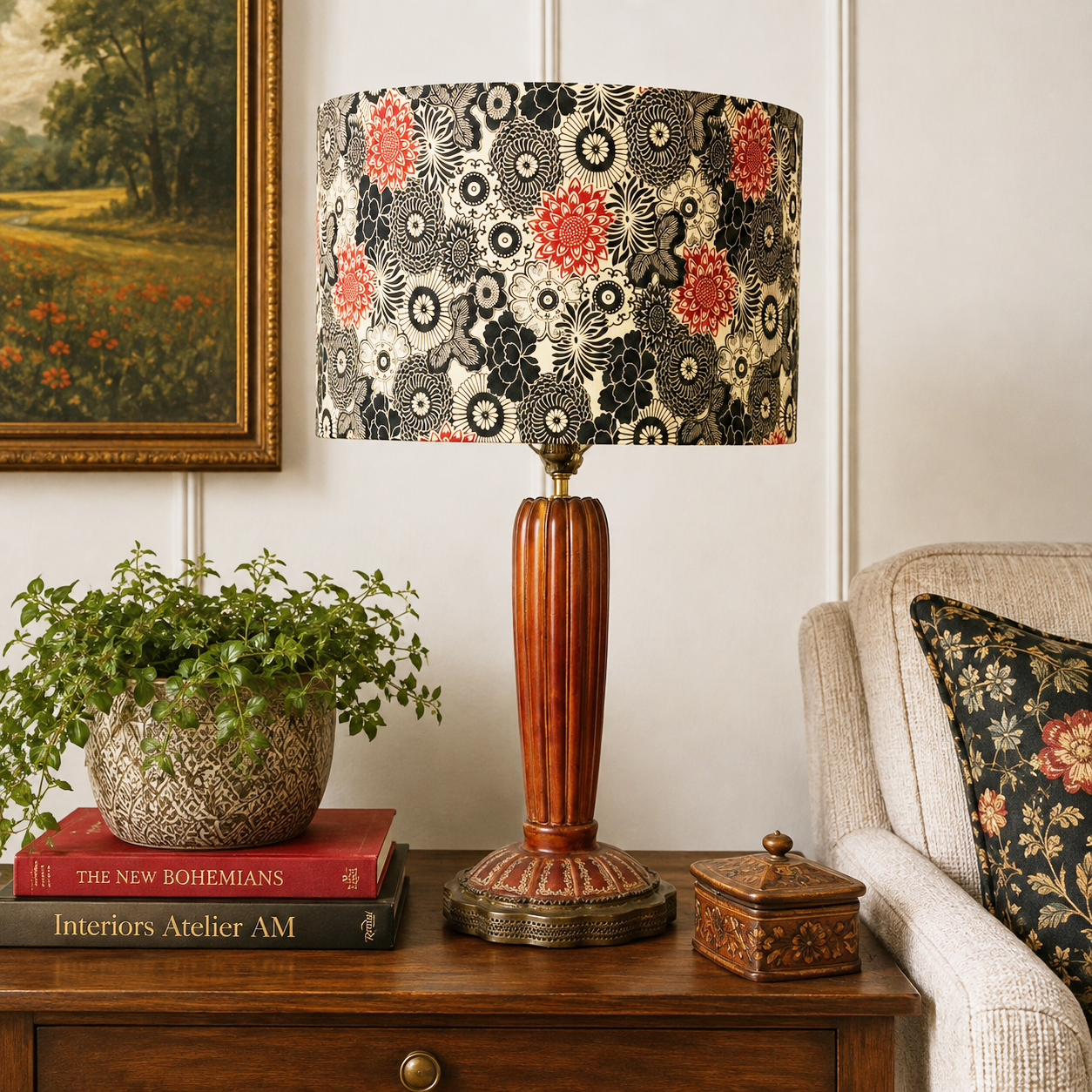 Vintage French Wine Red Ceramic Table Lamp | Gold Vine Decor | Ornate Brass Tone Base | 26" Tall