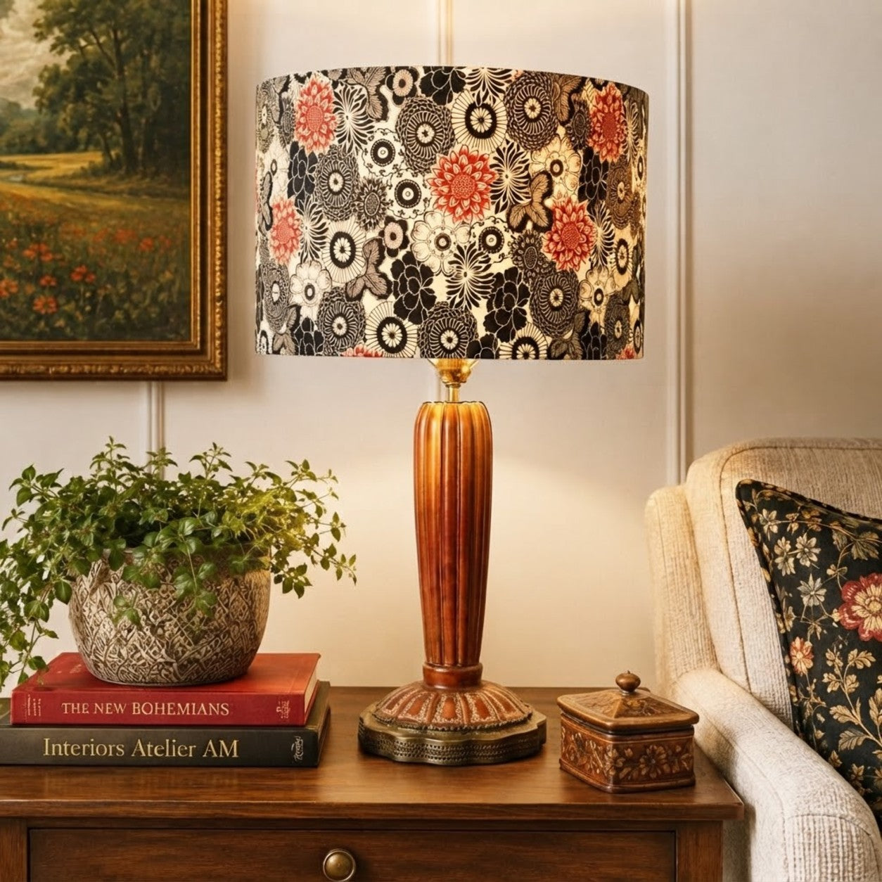 Vintage French Wine Red Ceramic Table Lamp | Gold Vine Decor | Ornate Brass Tone Base | 26" Tall