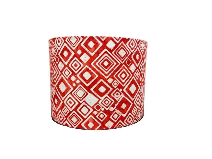 Red and White, Geometric Patterned, Batik Handmade Drum Lampshade, 12”