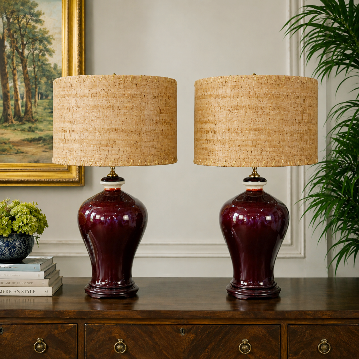 Pair Red Drip Glaze Ceramic Table Lamps Burgundy Oxblood Style 3-Way