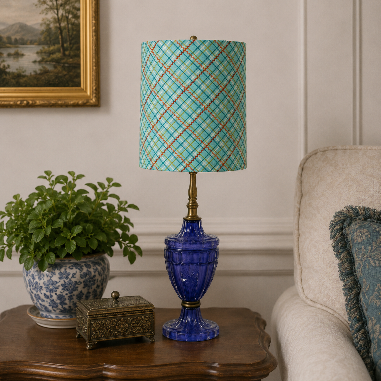 Custom Purple Glass Table Lamp – Hand Painted Vintage Glass Lamp – One of a Kind Accent Lighting – 17.5 Inch Lamp