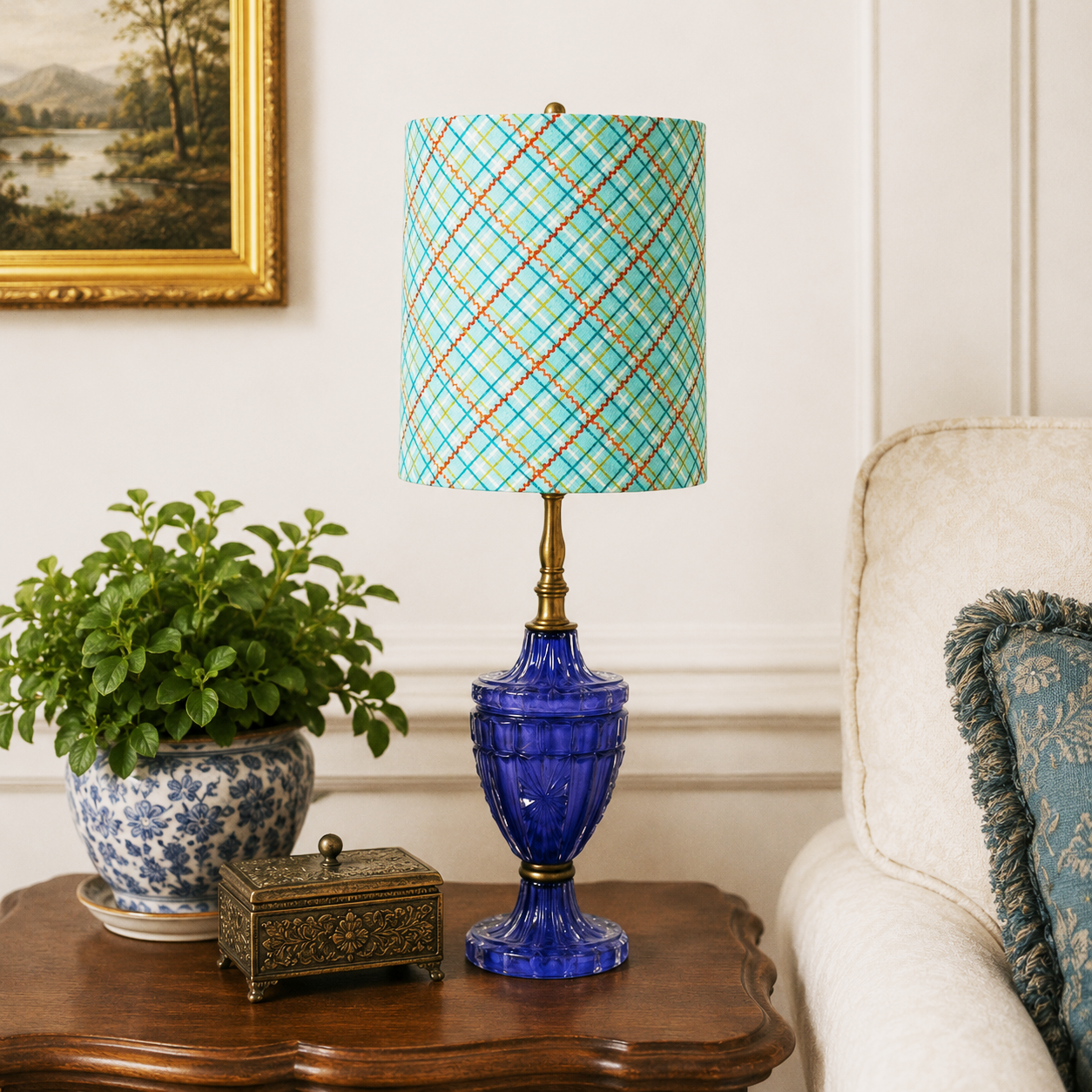 Custom Purple Glass Table Lamp – Hand Painted Vintage Glass Lamp – One of a Kind Accent Lighting – 17.5 Inch Lamp