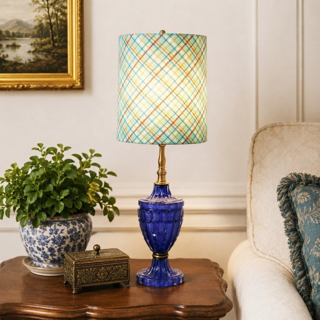 Custom Purple Glass Table Lamp – Hand Painted Vintage Glass Lamp – One of a Kind Accent Lighting – 17.5 Inch Lamp