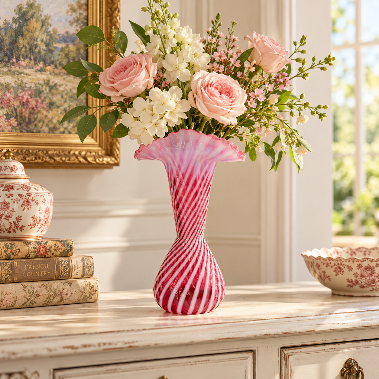 Vintage Fenton Cranberry Opalescent Spiral Optic Ruffled Trumpet Vase, 11 7/8" Inch