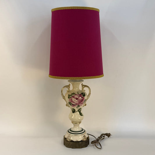 Vintage Ceramic Lamp with Hand Painted Rose