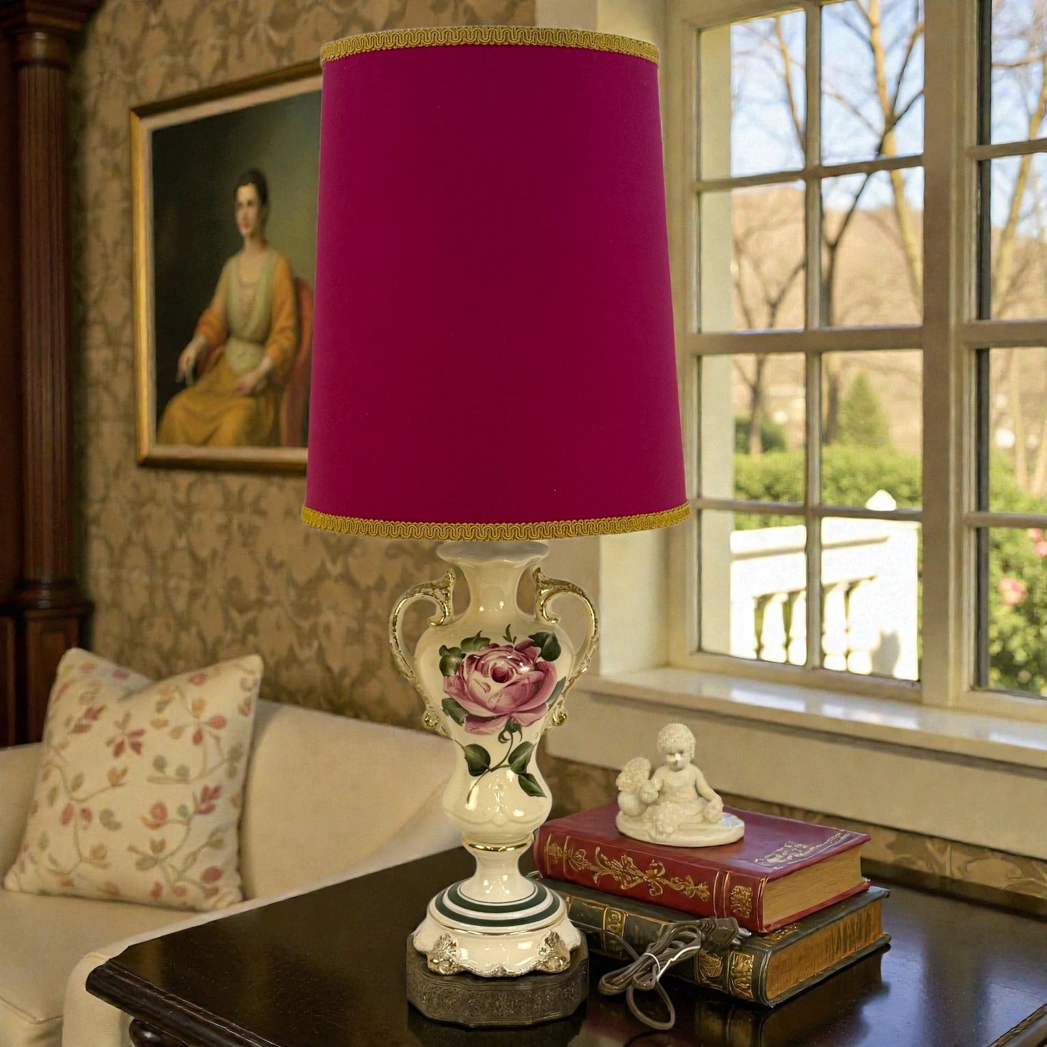 Vintage Ceramic Lamp with Hand Painted Rose