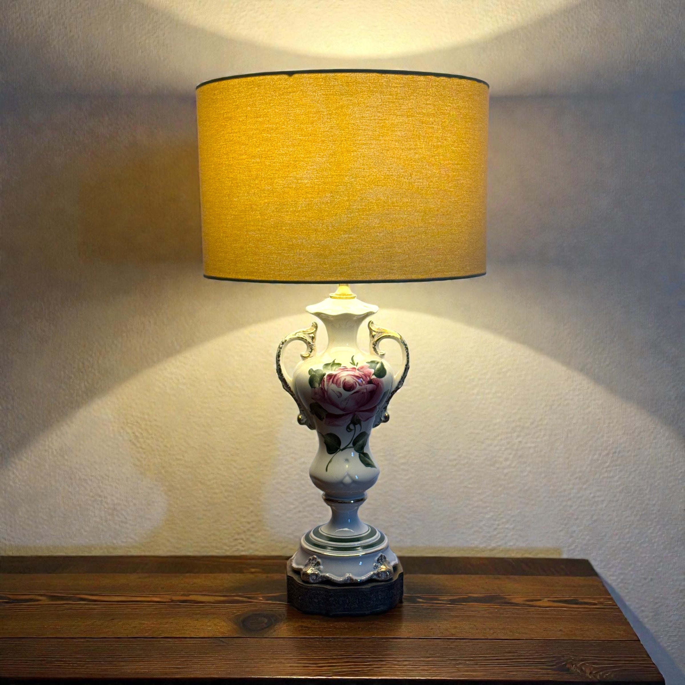 Vintage Ceramic Lamp with Hand Painted Rose