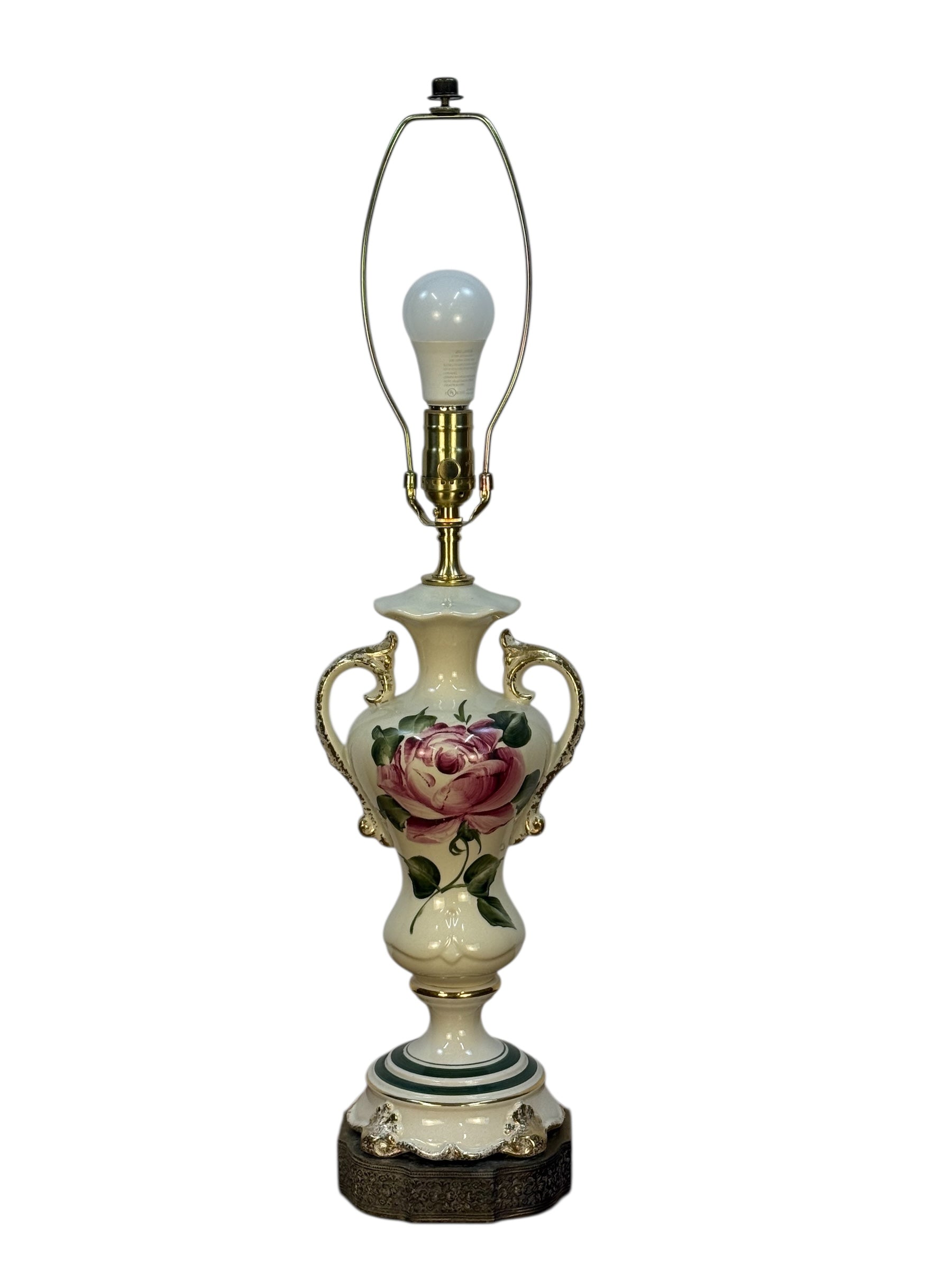 Vintage Ceramic Lamp with Hand Painted Rose