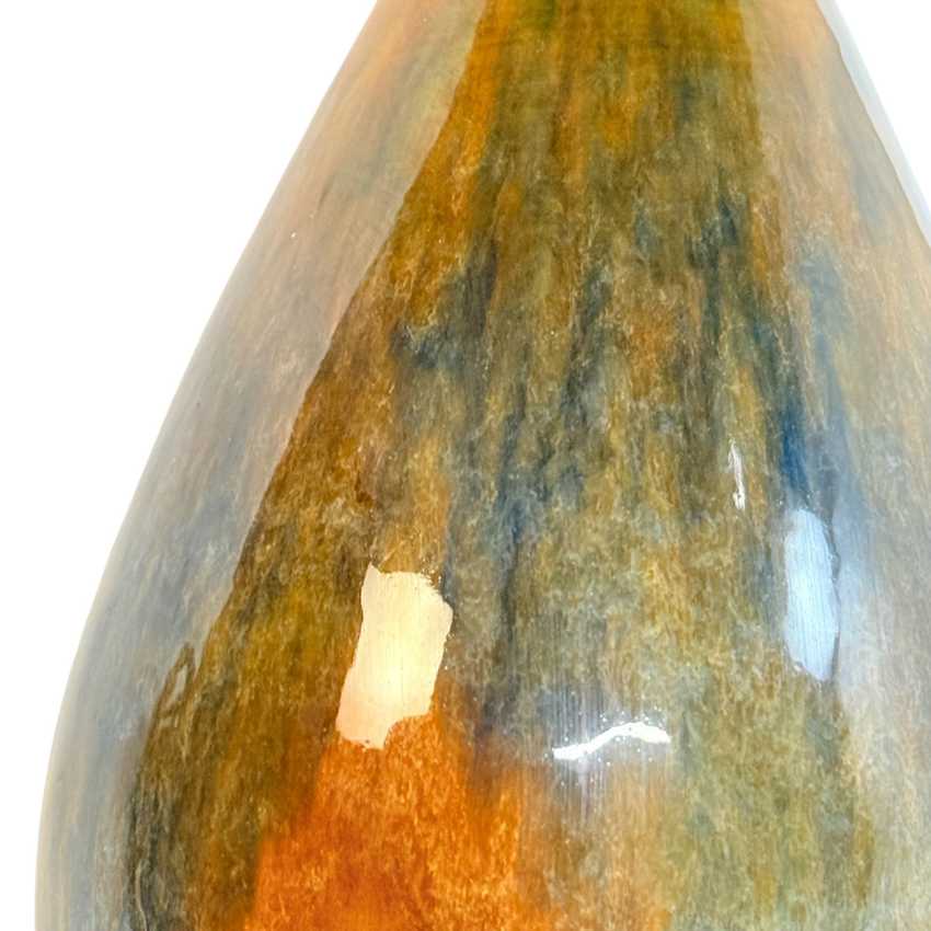 Vintage MCM Drip Glaze Ceramic Lamp; Wood Table Lamp – 28” Olive Green Amber Brown Mid Century Lamp