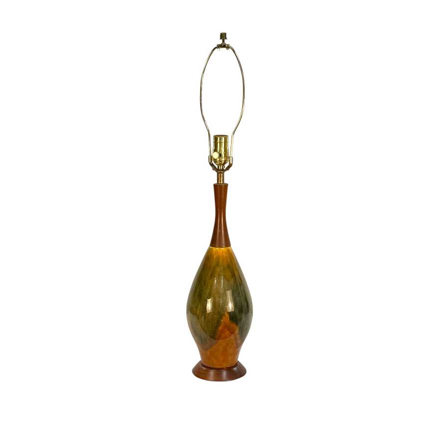 Vintage MCM Drip Glaze Ceramic Lamp; Wood Table Lamp – 28” Olive Green Amber Brown Mid Century Lamp