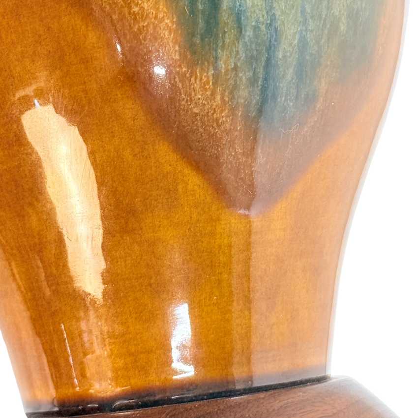 Vintage MCM Drip Glaze Ceramic Lamp; Wood Table Lamp – 28” Olive Green Amber Brown Mid Century Lamp