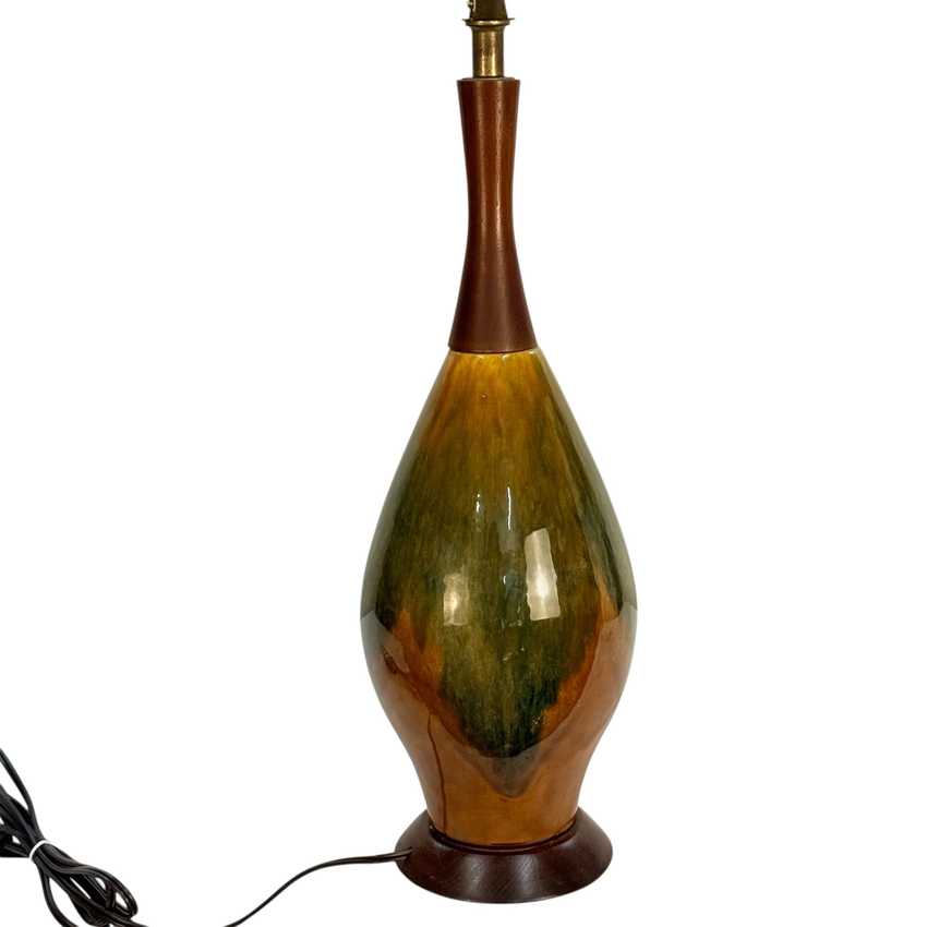Vintage MCM Drip Glaze Ceramic Lamp; Wood Table Lamp – 28” Olive Green Amber Brown Mid Century Lamp