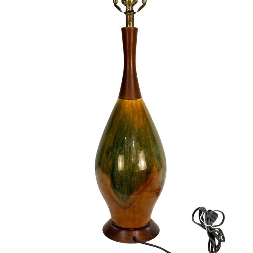 Vintage MCM Drip Glaze Ceramic Lamp; Wood Table Lamp – 28” Olive Green Amber Brown Mid Century Lamp